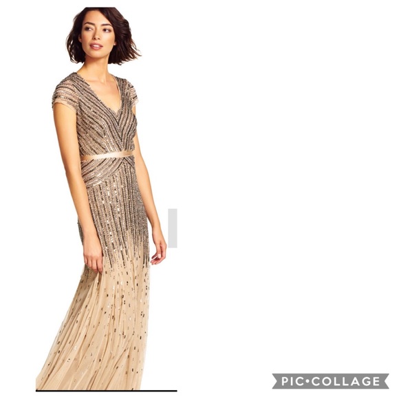 Adrianna-Papell beaded short sleeves V-Neck long evening Gown - Picture 10 of 16